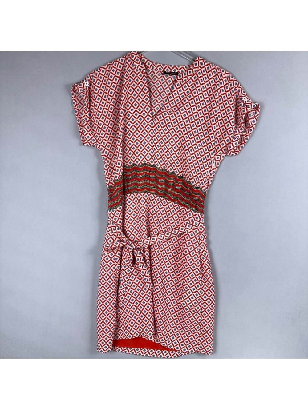 Kookai Wrap dress Womens Size 38 Red White Max Studio Geometric Print Cap Sleeve